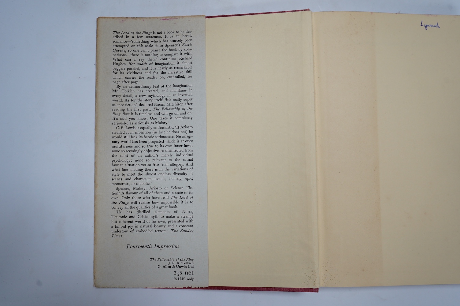 Tolkien, J.J.R - Lord of the Rings, 3 vols, to consist of The Fellowship of the Rings, first edition, 14th. impression, original cloth, folding map at rear, unclipped dust-jacket, with browned spine and closed tear to 4c